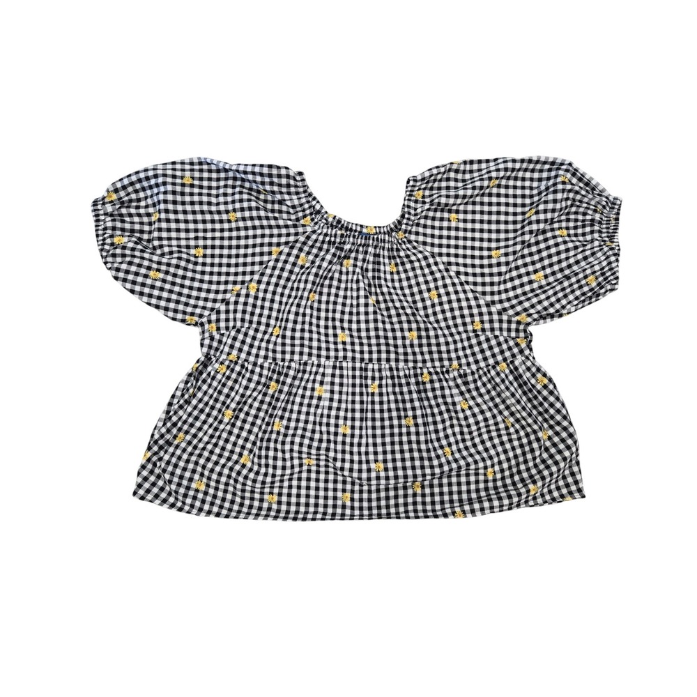 Old Navy Black White Gingham Daisy Embroidered Puff Sleeve Babydoll Top Large